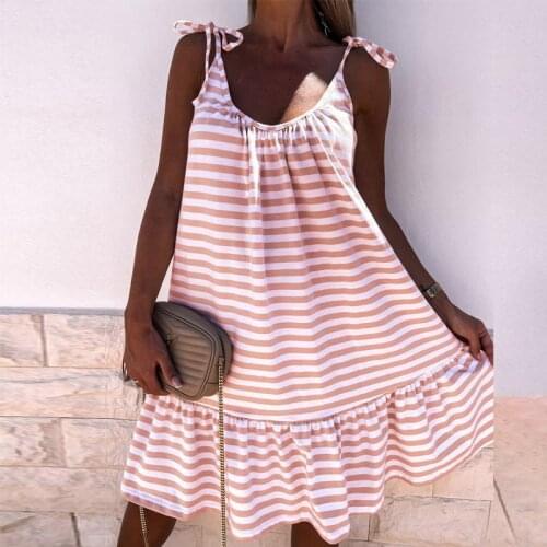 2021 Summer Sleeveless Tie-up Straps Mini Dress Fashion Striped Print Ruffle Loose Beach Dress Women Casual O Neck Party Dresses