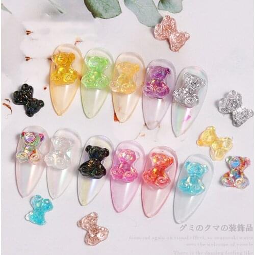 3pcs 3D Small Bear Resin Nail Art Decorations Mixed Size Aurora UV Gel Accessories For Nails Glitter Jelly Ornaments Manicure