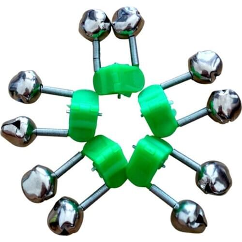 5pcs/lot Fishing Bite Alarms Fishing Rod Stalk Bells Clamp Tip Clip Bells Ring Green ABS Outdoor Metal Accessory