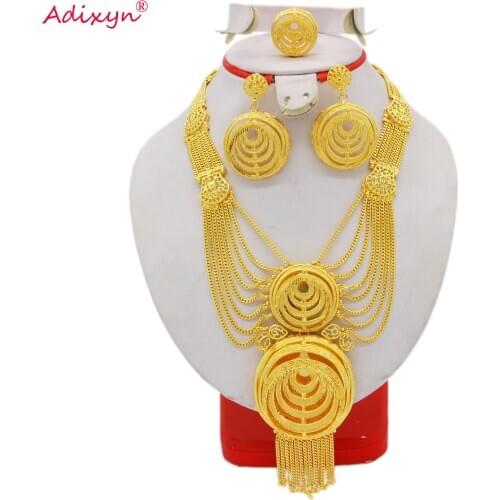 Adixyn Dubai 24K Gold Color Jewellry Set for Women India African Bridal Wedding Gifts Tassles Necklace/Earrings/Ring Set N122717