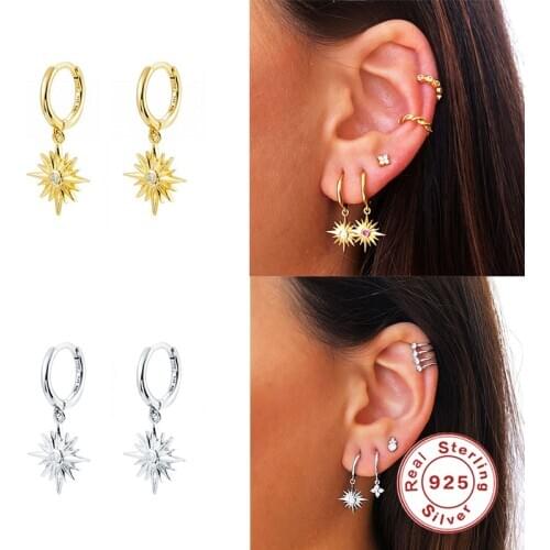 GS 925 Sterling Silver Hoop Earrings With Star Shape Pendant Crystal Gold Silver Color Earrings For Women Fine Jewelry Gift