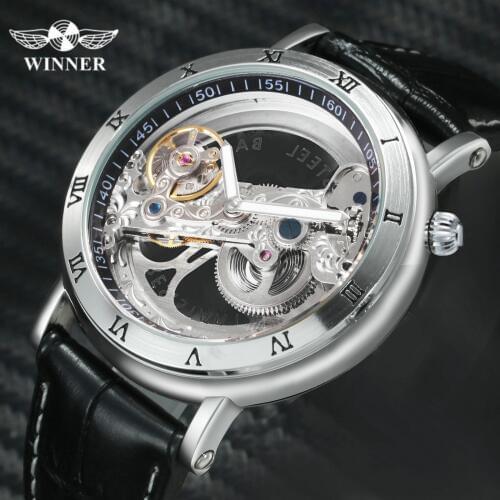 WINNER Mens Automatic Mechanical Watch Leather Strap Skeleton Wrist Watches Carved Case Watches For Men Top Brand Luxury Reloj