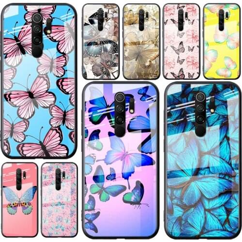 Tempered Glass Cover Pink Butterfly Fly For Xiaomi Redmi K40 K30 K20 9T 9C 9A 9 8A 7 Pro Plus Phone Case Shell