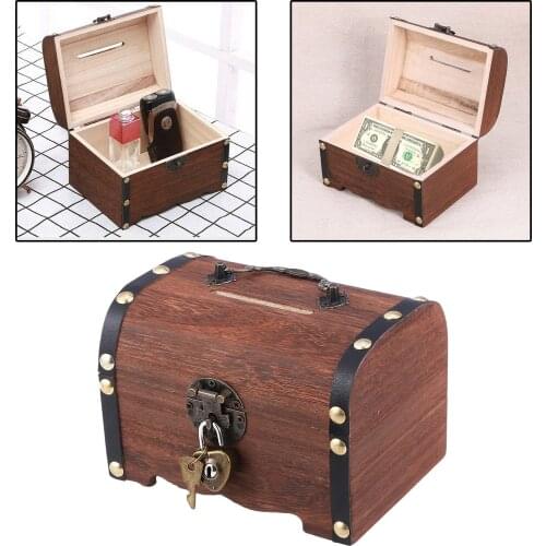 Rustic Wooden Treasure Chest Storage Box Case Locking Piggy Bank Organizer