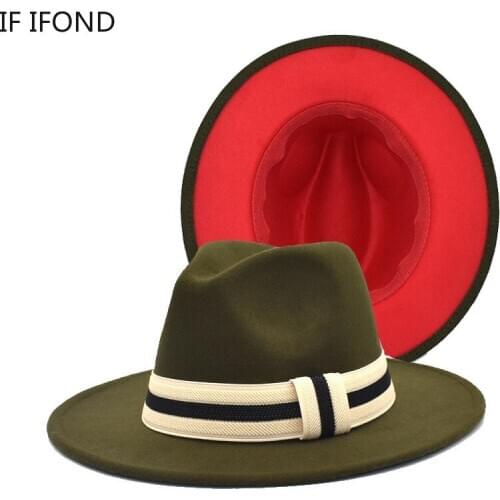 Jazz Felt Fedora Hats Army green red Patchwork Wide Brim Wool Vintage Sombrero British Style Winter Autumn Dress Hat