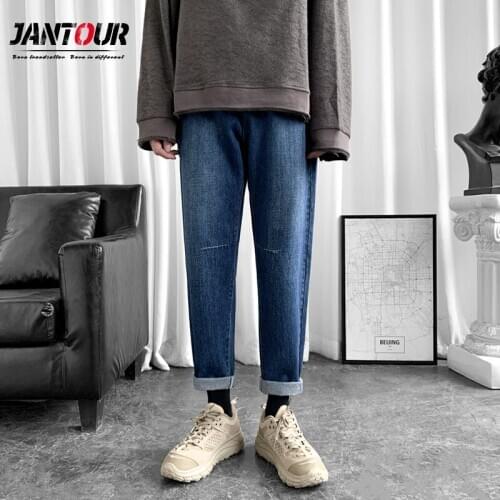Baggy Men Jeans Brand Pants Spring Korean Young Boys Casual Belt Pants Wide Leg Trousers Mdale Streetwear Hip Hop Blue Pantalon