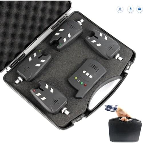 Wireless Fishing Bite Alarm Kit Carp Fishing Bite 1 Receiver 4 Fishing Transmitter with Waterproof Shockproof Storage Box A502