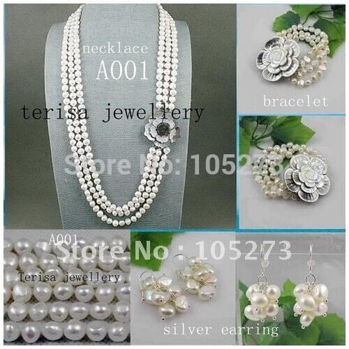 Classic!Pearl Jewelry set AA 8-9MM White genuine Freshwater Pearl Necklace Bracelet Earring Shell Flower clasp New Free Shipping