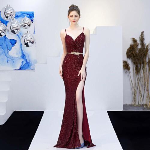 Red Sequined V Neck Spaghetti Strap Backless Floor Length Mermaid Night Club Sexy Formal Long Dress Party Wear Dresses For Women