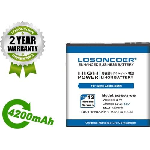 LOSONCOER Battery 4200mAh BA950 Battery For Sony Xperia ZR SO-04E M36h Battery C5502 C5503 AB-0300