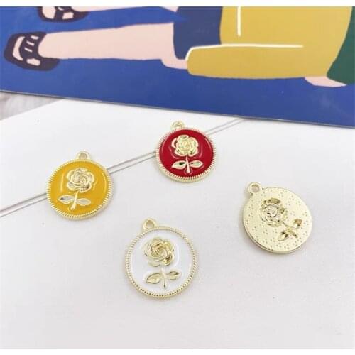 50pcs/lot cartoon rose flowers pattern core geometry rounds shape alloy drop oil floating locket charms diy jewelry accessory