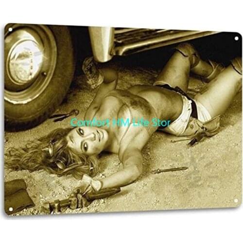Wrench Pinup Girl Sexy Hot Rod Car Garage Auto Shop Man Cave Decor Metal Tin Sign Plaque Tin Garage Decoration 7.8X11.8 INCH