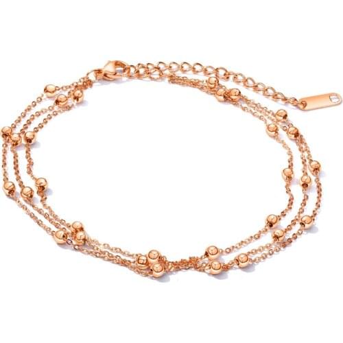 Fashion Charm Multilayer Stainless Steel beads Anklets For Women Rose Gold Color Trendy Ladies Foot Jewelry girl Gift