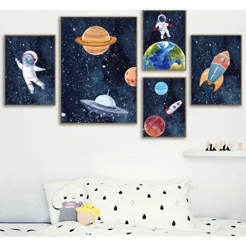 UFO Nursery Space Astronaut Planet Rocket Earth Wall Art Canvas Painting Posters And Prints Wall Pictures Baby Kids Room Decor
