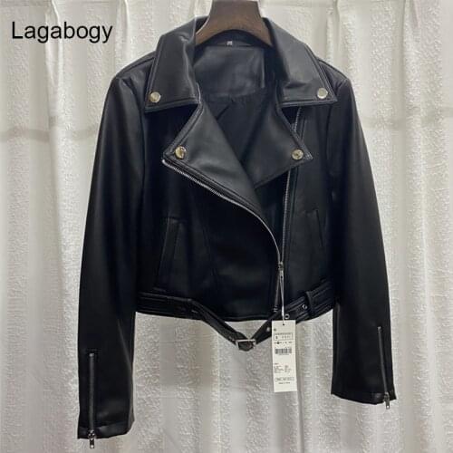 Lagabogy 2021 New Spring Autumn Women Biker Faux Soft Leather Jacket Long Sleeve Zipper Coat Female Moto PU Outwear