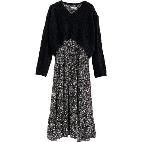 2021 New Spring Autumn Floral Dress and Knitted Sweater Two Piece Suit Womens Long Sleeve Pullovers Two-piece Set Women Suits