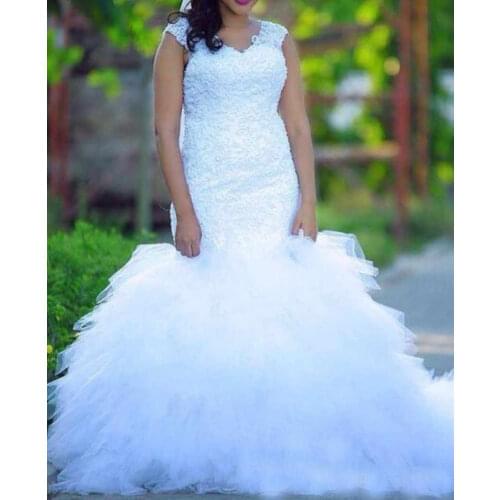 New Arrival 2021 Cap Sleeves Mermaid African Wedding Gowns Puffy Ruffles Wedding Bridal Dresses