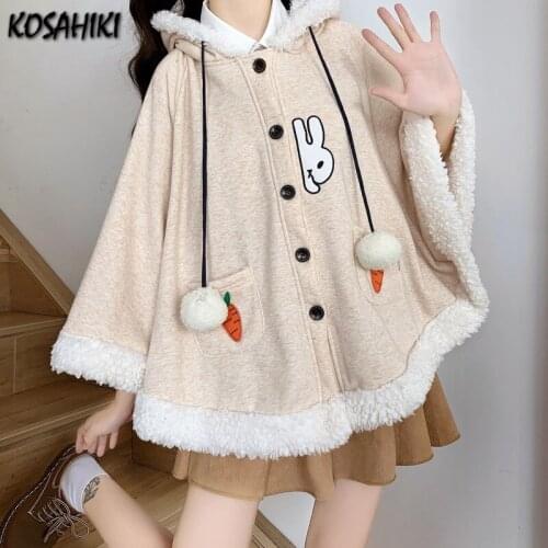 KOSAHIKI 2021 Autumn Winter Cloak Harajuku Kawaii Rabbit Ears Hooded Japanese Cute Cape Loose Pullover Batwing Sleeve Tops