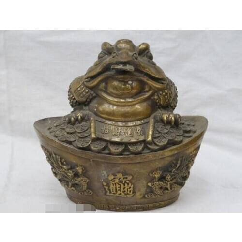 S02674 9"China Sino pure Bronze fengshui Jin Chan Frog Yuan Bao Evil Dragon statue