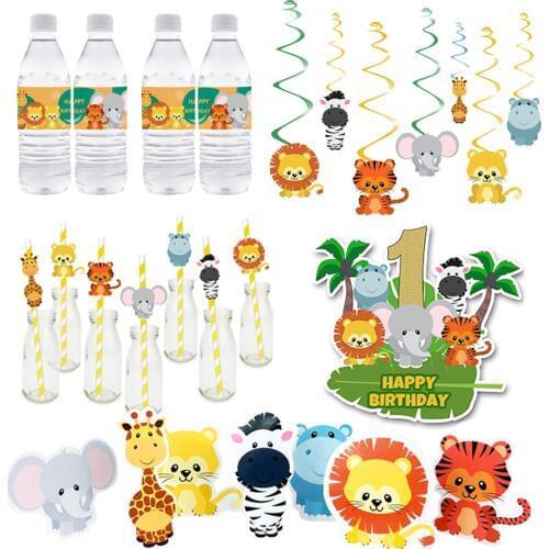 Safari Animals Party Supplies Favor Box Invitation Straw Cake Topper Party Hat Bottle Wrapper Baby Shower Kids Birthday Decor
