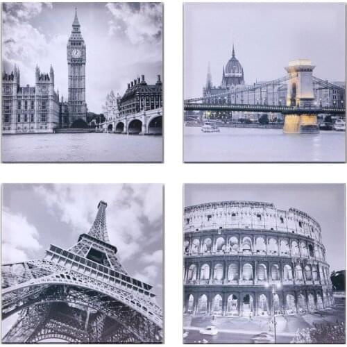 Modern 4 Piece No Frame Famous Buildings Roman Colosseum Big Ben Eiffel Tower Oil Painting Wall Artworks Painting Canvas Art