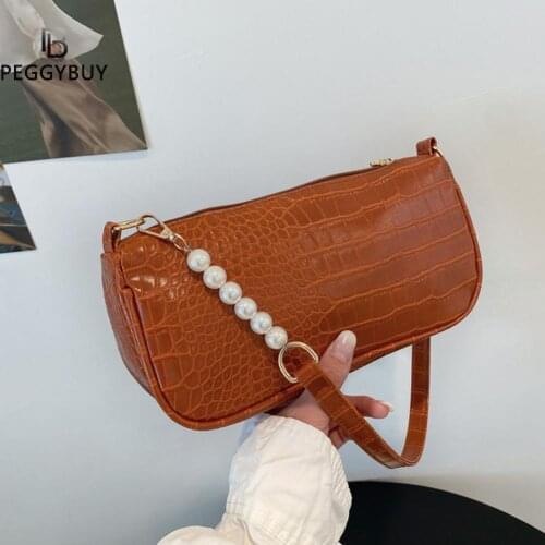 Fashion Women Alligator Pattern PU Leather Pearl Shoulder Underarm Bag Casual Ladies Solid Color Small Handbags Purse bolsa