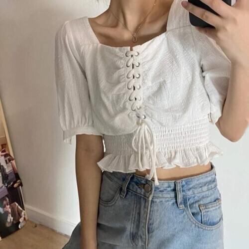 Lace Up Vintage White Shirt Cotton Linen Sexy Top Women Blouse Summer Short Sleeve Cropped Ruffle Tops Tunics 2021 Fashion