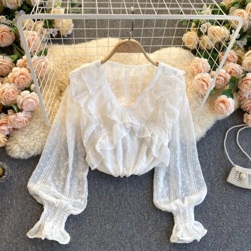 Women Blouse Ladies Voile Shirt Chiffon Embroidery V-neck Ruffles Hem Long Lantern Sleeve Tops Thin Elegant Top Blusas Femininas
