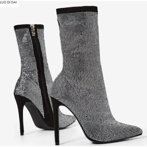 2020 new women diamond boots zip up women ankle booties thin heel full crystal boots ladies point toe rhinestone stud red boots