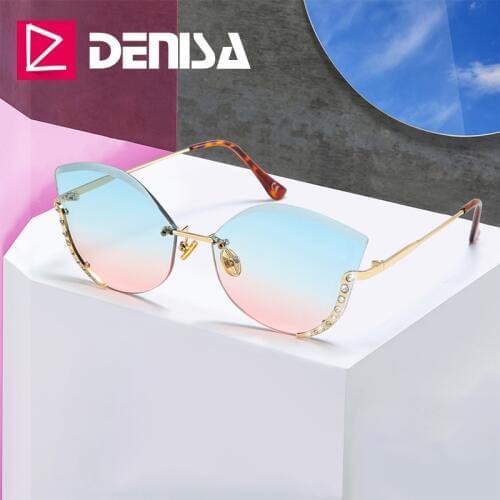 DENISA Rhinestone Cat Eye Sunglasses For Women Luxury Rimless Ladies Sunglasses UV400 Gradient Glasses gafas de sol mujer G22073