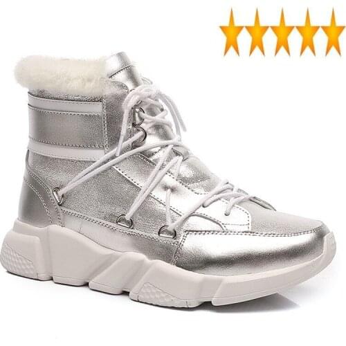 Snow Women Winter Shearling Real Leather Warm Platform Ankle Boots Fashion Lace Up Silver High-Top Wedge Cotton Shoes