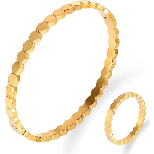 Luxury Brand Geometry Wave Cuff Bracelet And Ring For Women Stainless Steel Rose Gold Color Wedding Jewelry Set Accessories