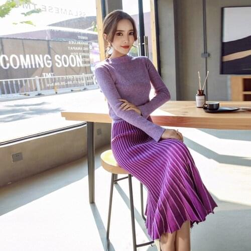 Korean New Women Sweater Suit Autumn Two Piece Fishtail Elegant Weave Pattern Female Purple And Grey Two Color Set