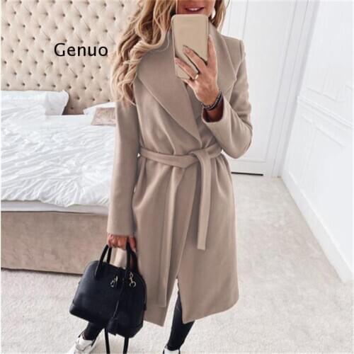 Female Spring Autumn Woolen Coats Lapel Waist Belt Solid Outwear Womens Office Work Wear Casual Cardigan Oversized