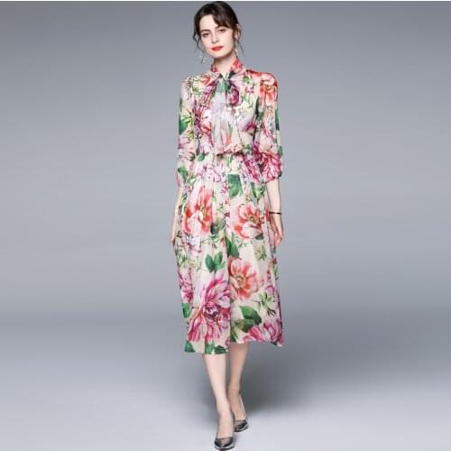 ZUOMAN Women Elegant Floral Chiffon Dress Festa High Quality Long Prairie Chic Party Robe Femme Vintage Bow Designer Vestidos