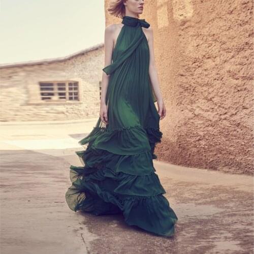 Luxury Dress Women 2020 New Summer Runway Elegant Brand Designer Green Chiffon Boho Mesh Dress Women Vintage Long Maxi Dresses