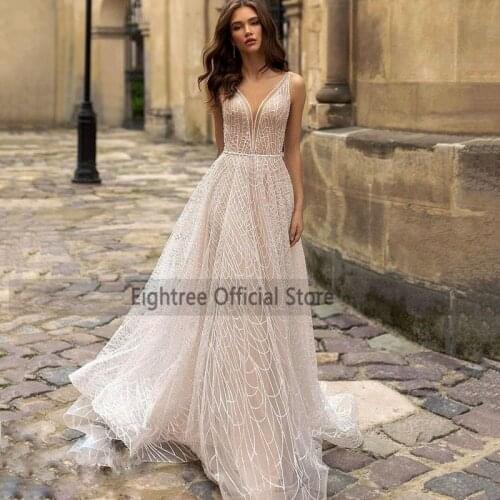Eightree Sparky Country Wedding Dresses 2021 Backless Bride Dress A Line Women Vintage Wedding Gowns Vestidos de Noiva V Neck