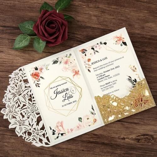 100pcs Wedding Invitations Gold Color Glitter Elegant Flower Hollow Laser Cut Invitations with Envelope