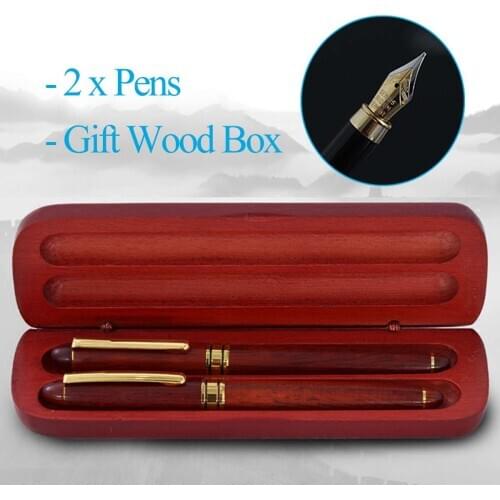 2Pcs Handmade Wood Fountain Pen Gel Pen Sign Pen Writing Smooth Nip W/ Wood Box Gift Sets for School Student Business