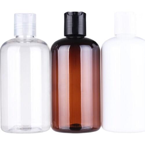 250ml X 24 Empty Round Plastic Dispensing Cap Bottle, Clear/Amber/White PET Bottle With Transparent/White/Black Disc Top Lid