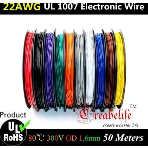 50 Meters/roll 22 AWG - Flexible Stranded 10 Colors UL 1007 Diameter 1.6mm Electronic Wire Conductor To DIY