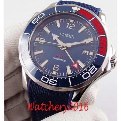 BLIGER Brand Mens Watch With Automatic GMT Movement Date Window Sapphire Glass