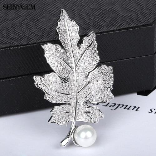 SHINYGEM Silver Plated Leaf Brooches Full Rhinestone Fashion Brooch White Pearls Vintage Brooches Clothing Accessories For Women