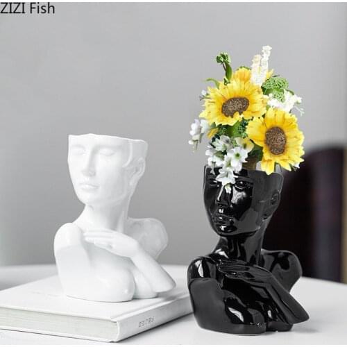 Black/white Ceramic Figures Vase Human Bust Vases Creativity Plant Pots Decorative Flower Arrangement Living Room Decoration