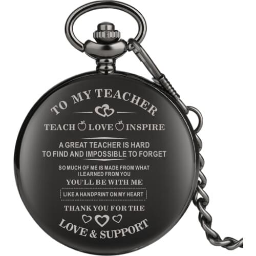 "TO MY TEACHER " Theme Black Quartz Pocket Watch Clock Men Women Chain Clock Graduation Thanksgiving Souvenir Gifts to Teachers