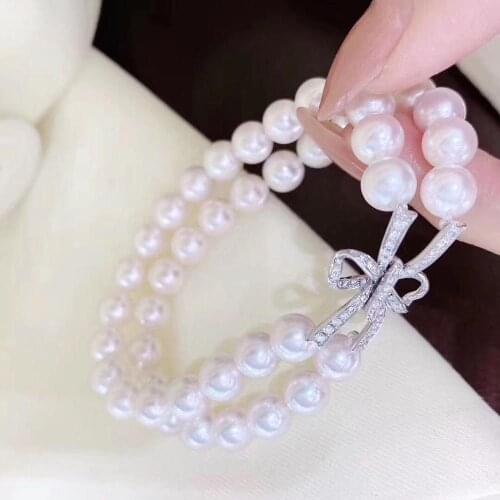 D423 Pearl Bracelet Fine Jewelry Round 6-7mm Double Layers Natural Fresh Water White Pearls Bracelets for Women