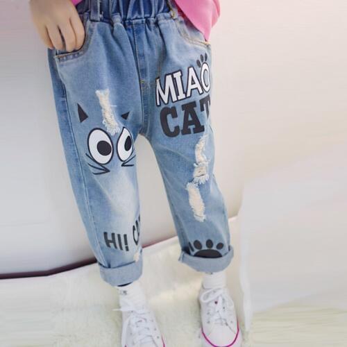 Children jeans 2017 new spring fashion girls cartoon hole regular pants boys casual long pencil trousers kids lovely leggings