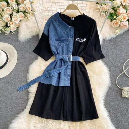 Short Sleeve Design T-Shirt Dress Korean Trend Denim Stitching Dress Female Summer Loose Fake Two Piece Women Clothing zh1106
