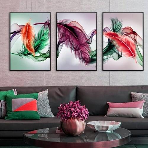 Triptych Diamond Painting Multicolored Feather Full Square Round Drill Mosaic Picture of Rhinestones Diamond embroidery 3pcs F20
