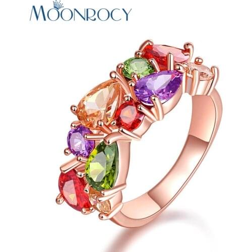 MOONROCY Free Shipping Fashion Jewelry Rose Gold Color Cubic Zirconia Colourful Austrian Crystal Rings For Women Girls Gift